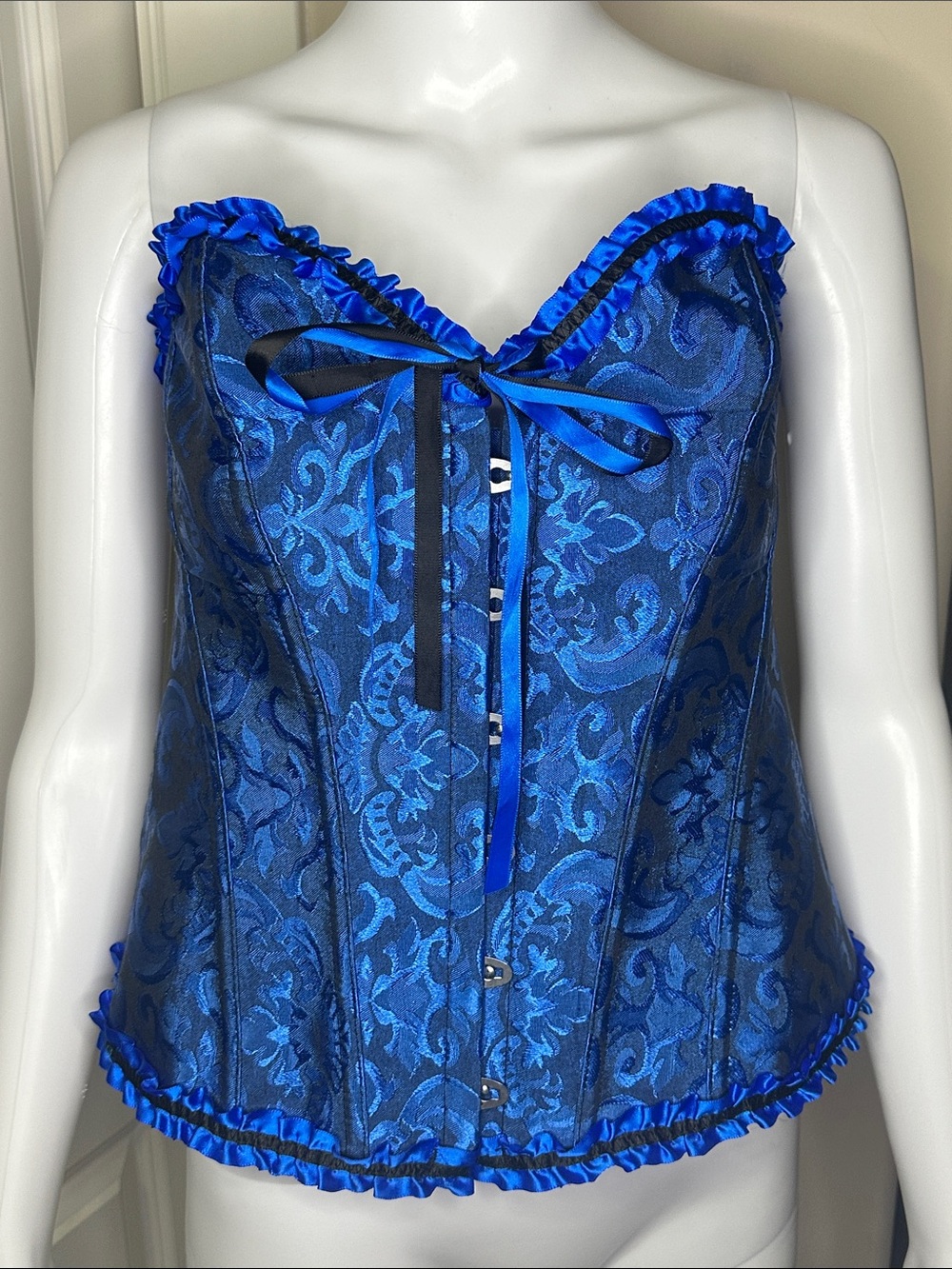 Victorian Royal Blue Floral Brocade Overbust Corset Top XL EUC